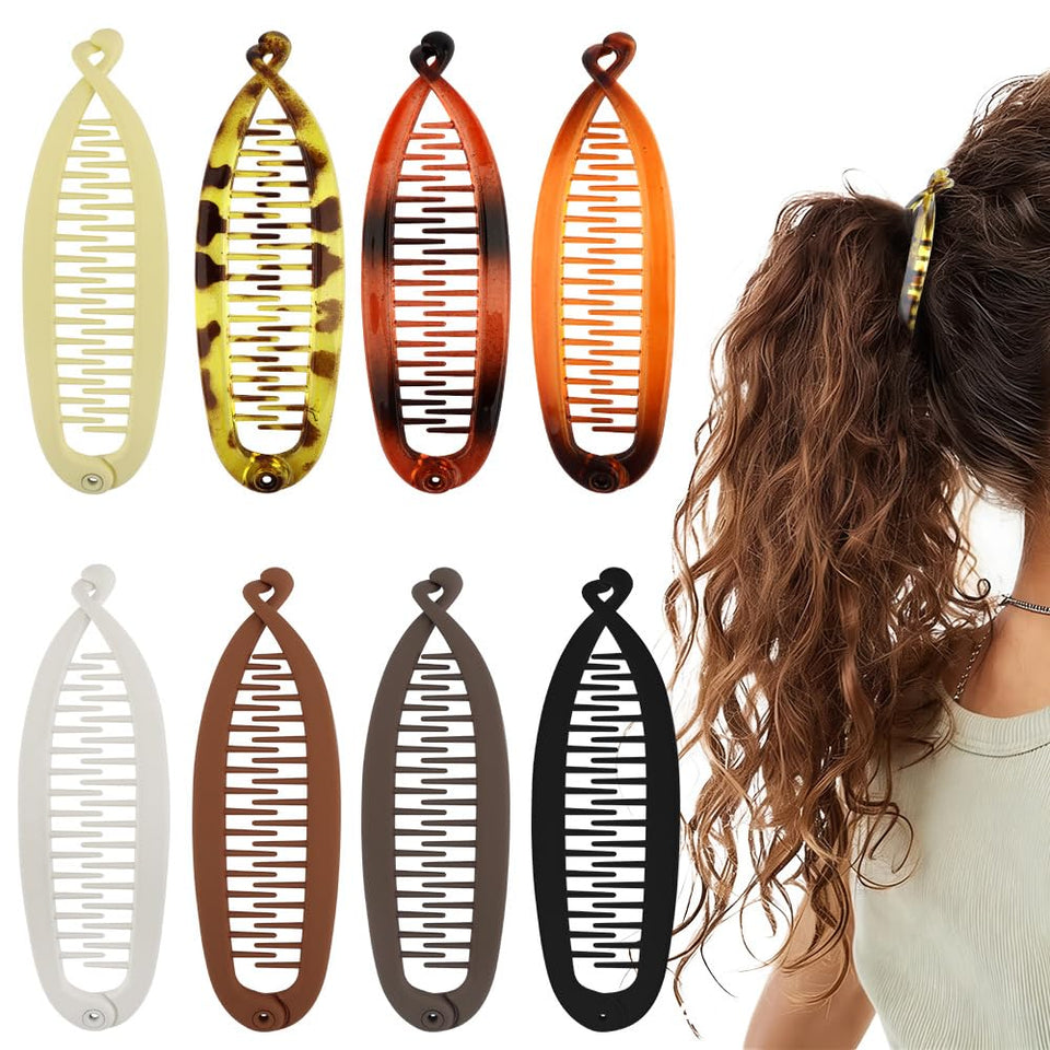 Exacoo front view of eight neutral banana clips showing neat pack and variety benefits