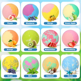Excalla assorted colored bath bombs spread out to show variety and scent options