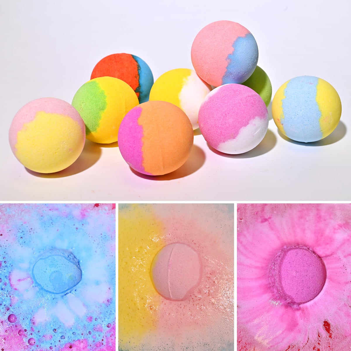 Excalla fizzing in bathtub with bright colors demonstrating easy cleanup benefit