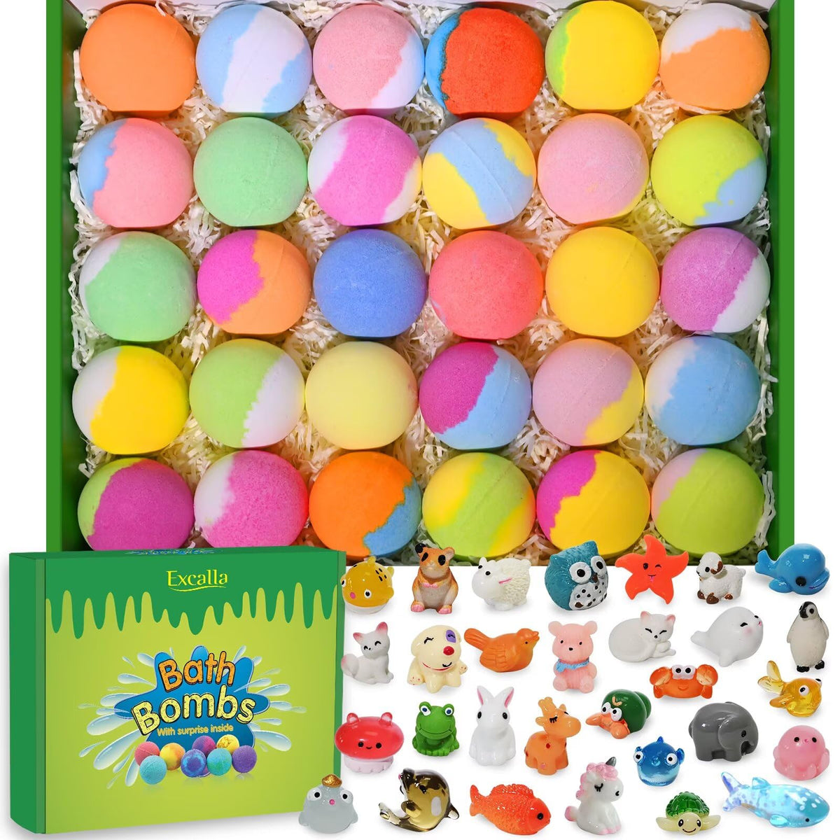 Excalla front box packaging showing 30 colorful wrapped bath bombs and toys