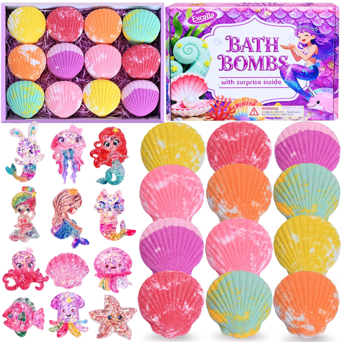 Excalla front package showing 12 colorful shell bath bombs and gift box benefit: fun presentation