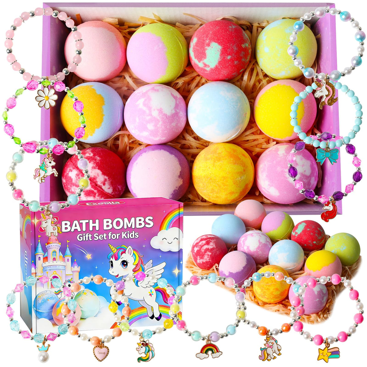 Excalla front packaging showing 12 bath bombs and bright gift boxes, fun gifting benefit