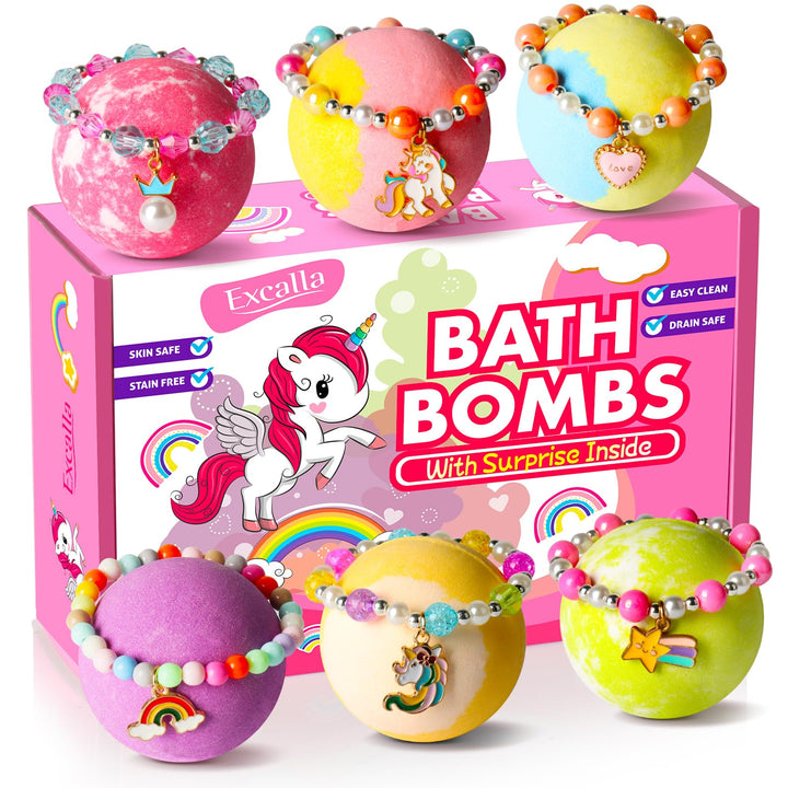 Excalla front packaging showing six wrapped unicorn bath bombs and benefits for gifting