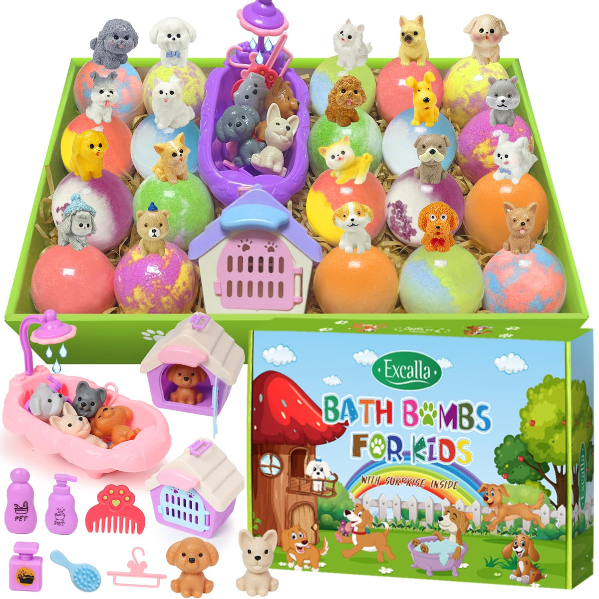Excalla front packaging showing 20 colorful bath bombs and gift-ready box for easy gifting