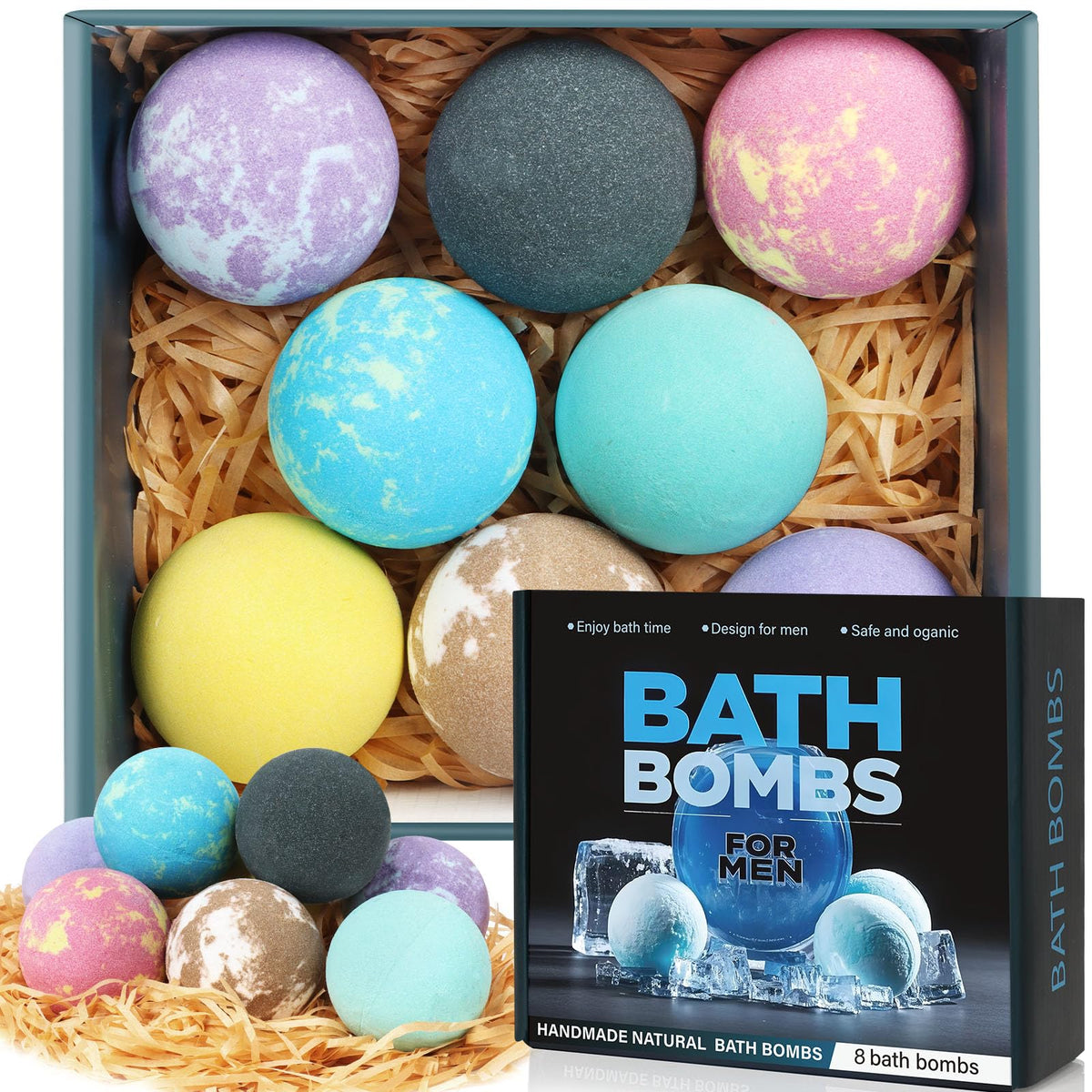 Excalla front packaging showing eight bath bombs and scent names for easy selection