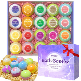 Excalla front packaging showing 20-piece gift set and colorful bath bombs