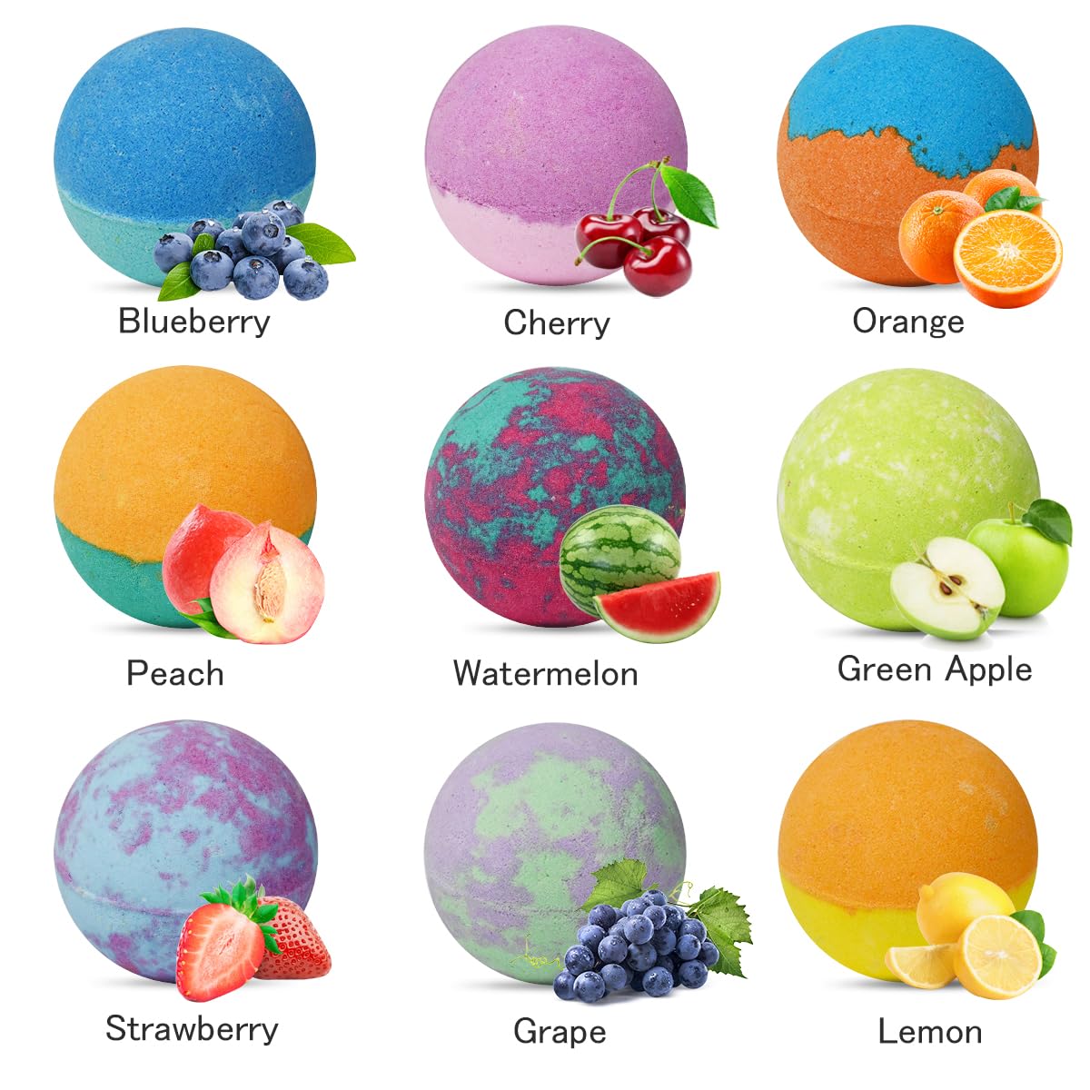 Excalla individually wrapped bath bombs laid out to show scent labels benefit: easy selection