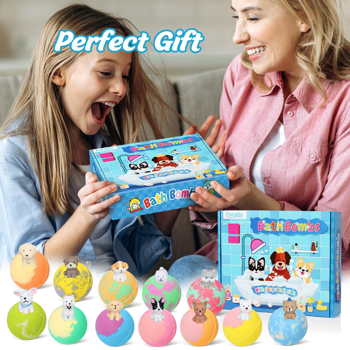 Excalla child playing with revealed dog toy in tub showing fun, supervised bath time