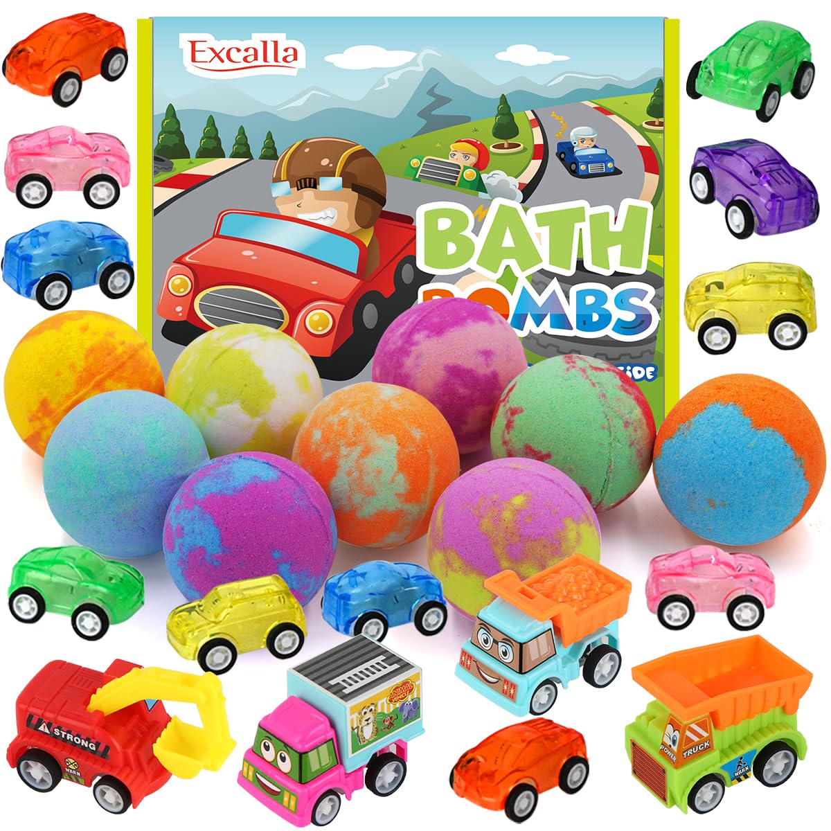 Excalla front packaging of nine bath bombs with vibrant box and label benefit: easy gifting