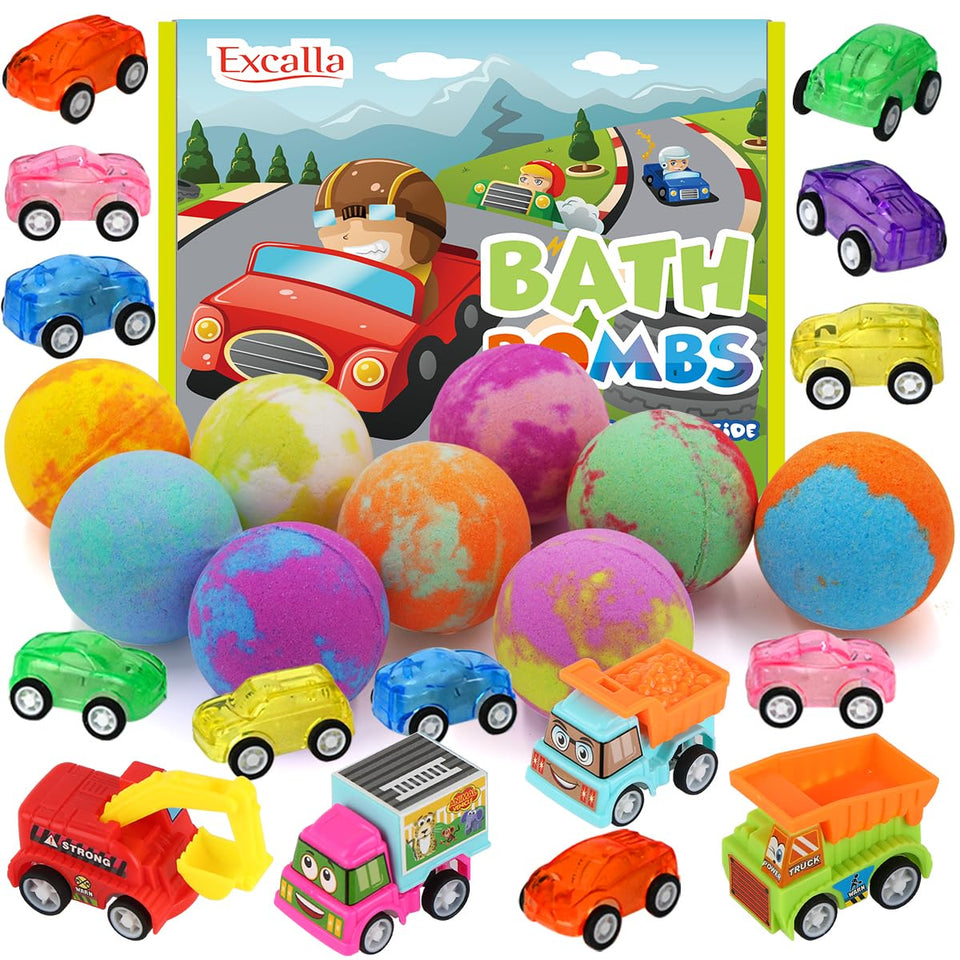 Excalla front packaging of nine bath bombs with vibrant box and label benefit: easy gifting