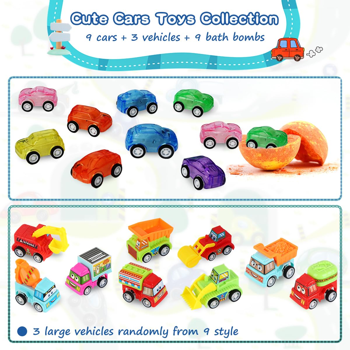 Excalla pull-back car emerging from a dissolved bath bomb benefit: surprise toy reveal
