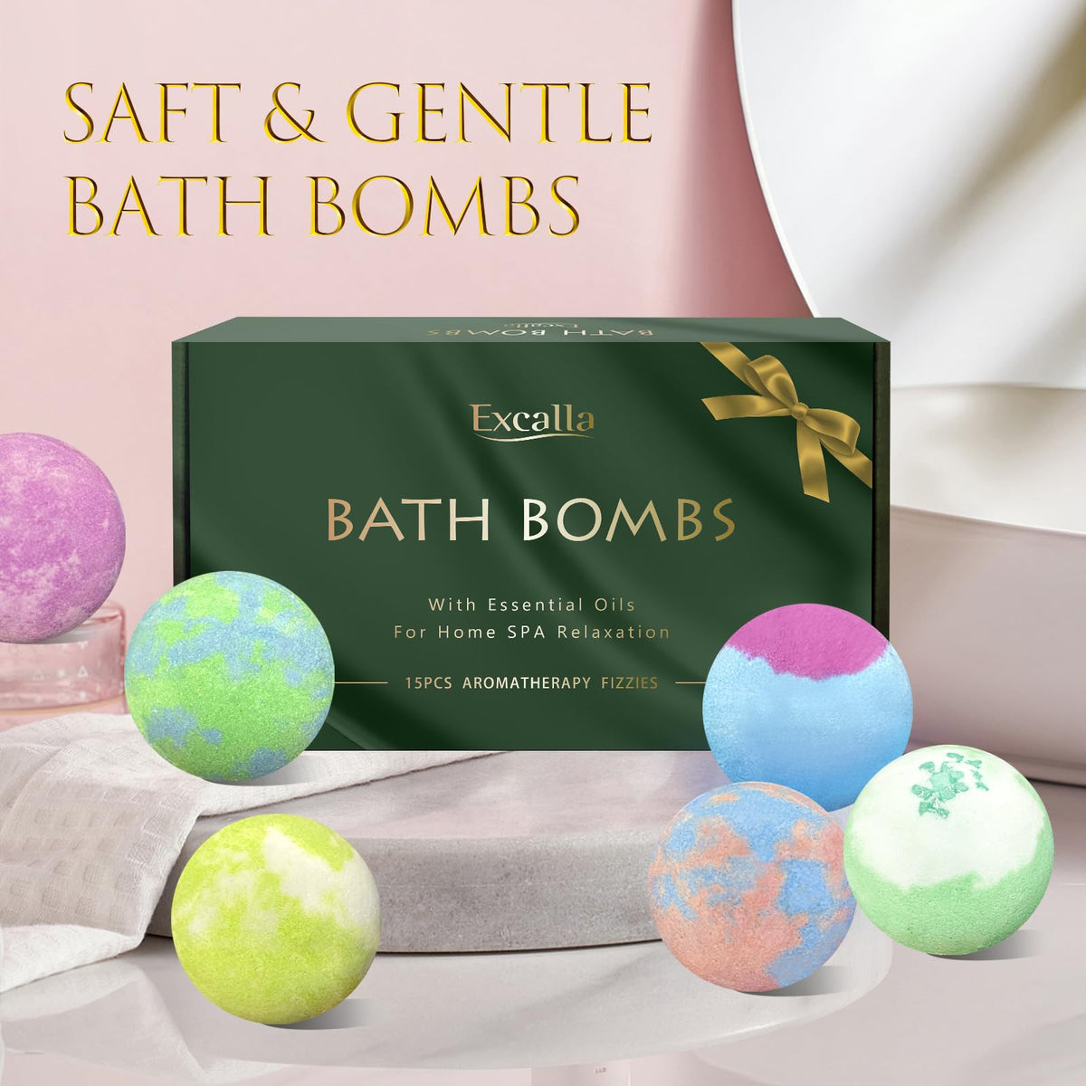 Excalla size comparison with hand showing compact bath bomb convenience