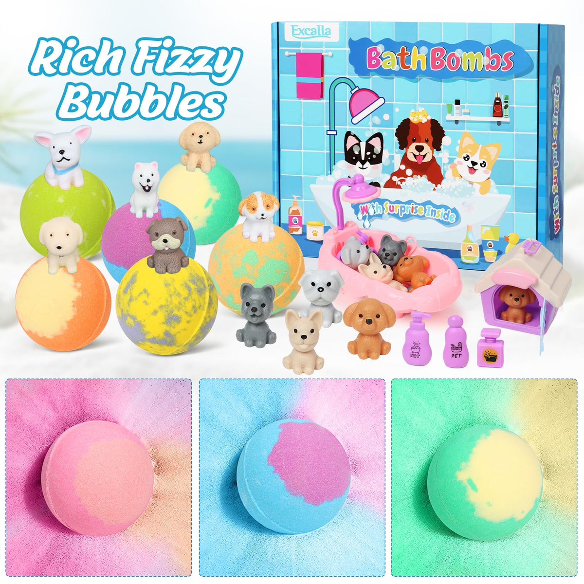 Excalla dog toy reveal emerging from inside a dissolved bath bomb to delight kids