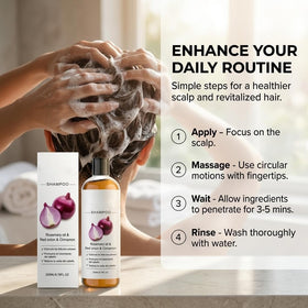 Excalvo rosemary and red onion ingredients display highlighting natural extracts