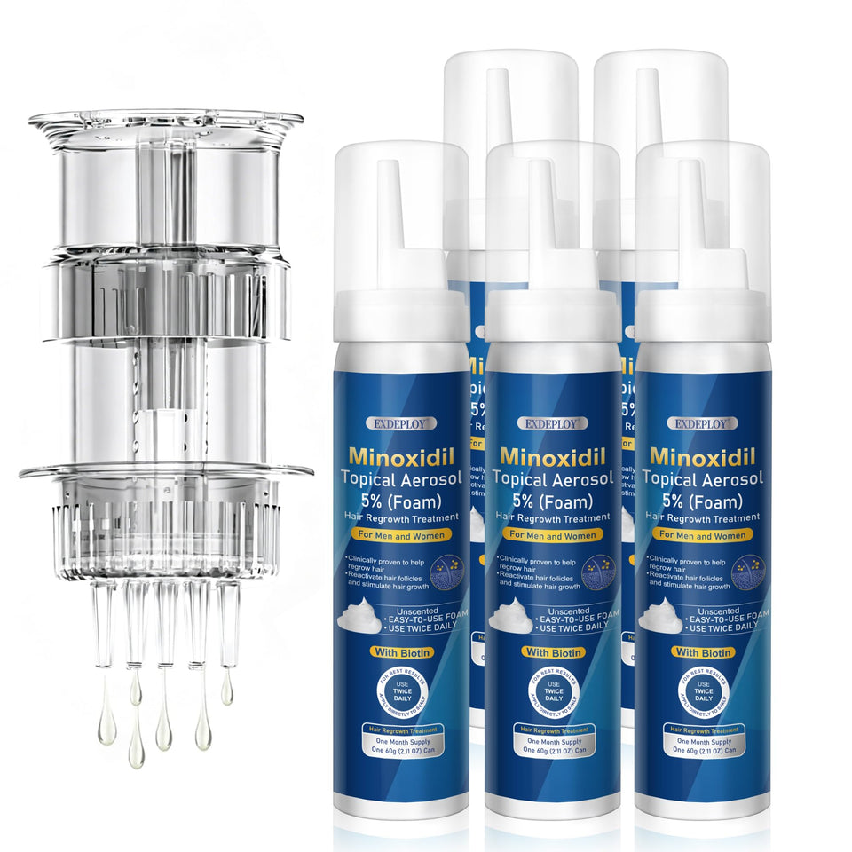 Exdeploy 5% minoxidil foam front packaging showing product and benefit