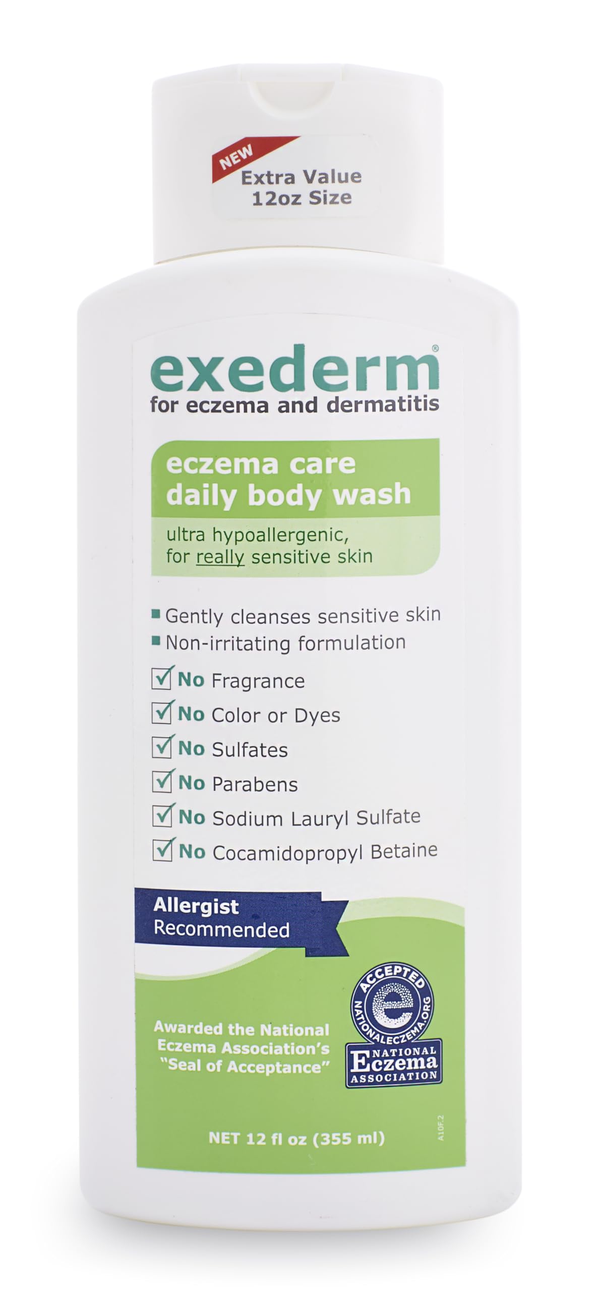 Exederm front bottle 12 oz showing label and gentle cleanser benefits