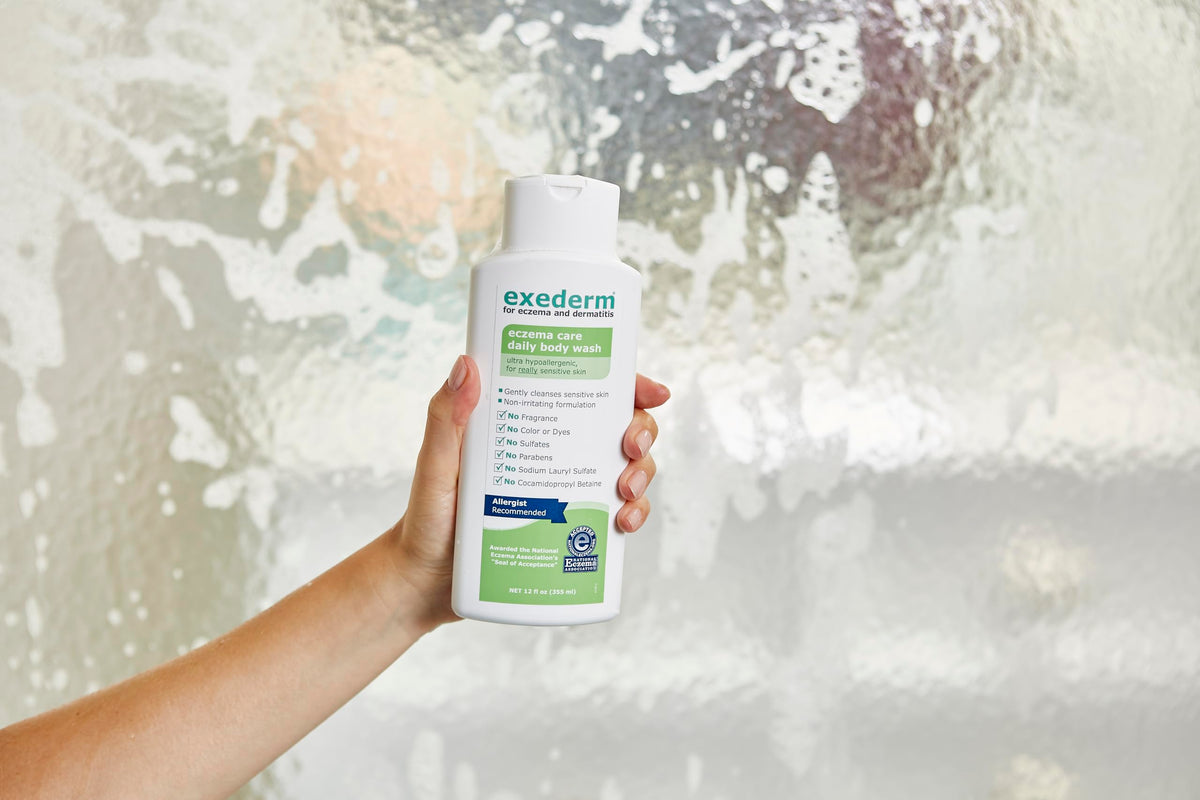 Exederm texture closeup gentle lather demonstrating mild, low‑foam formula