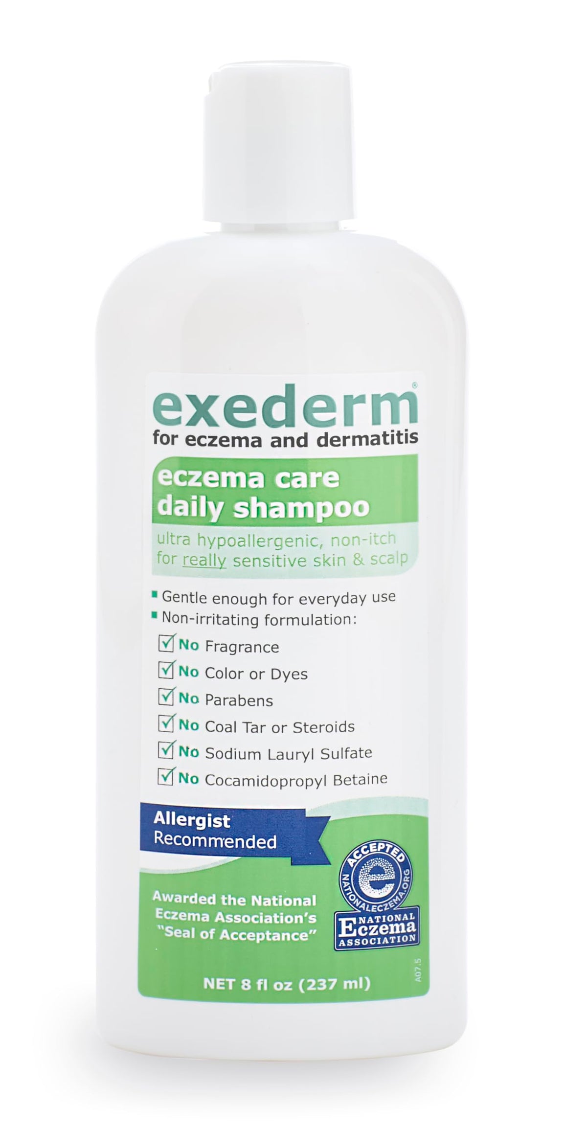 Exederm shampoo texture close-up illustrating low-foam, non-irritating formula