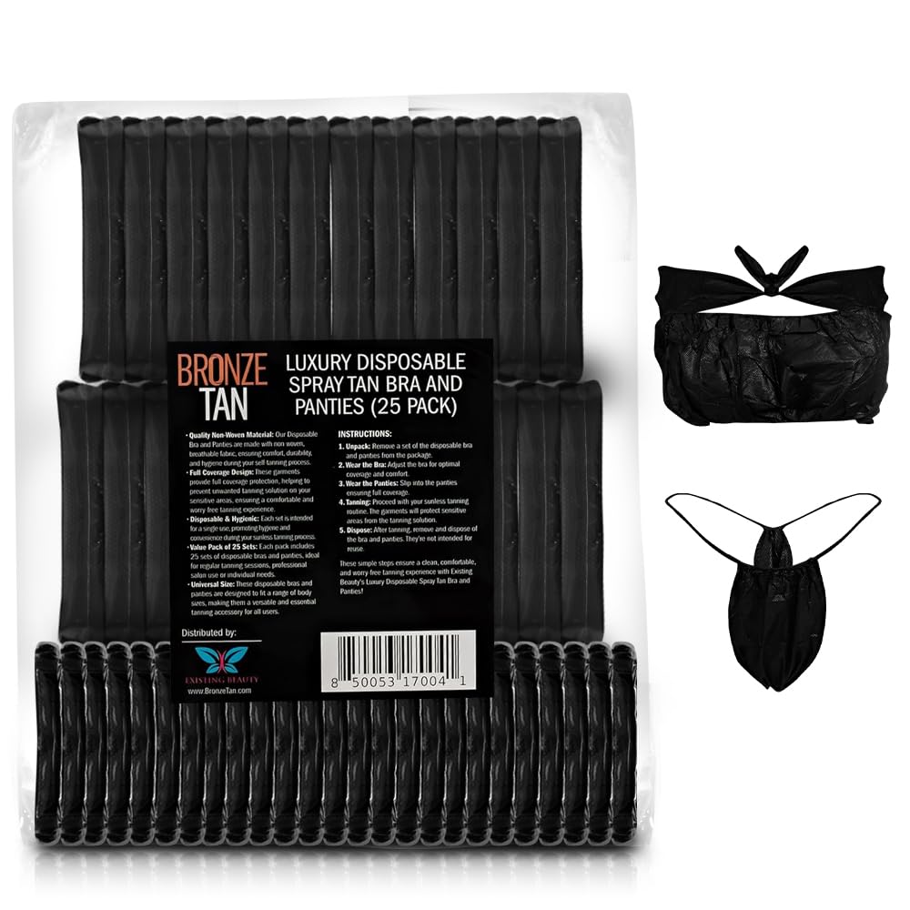 Existing Beauty front packaging showing 25-set bronze tan disposable undergarments and quick identification benefit