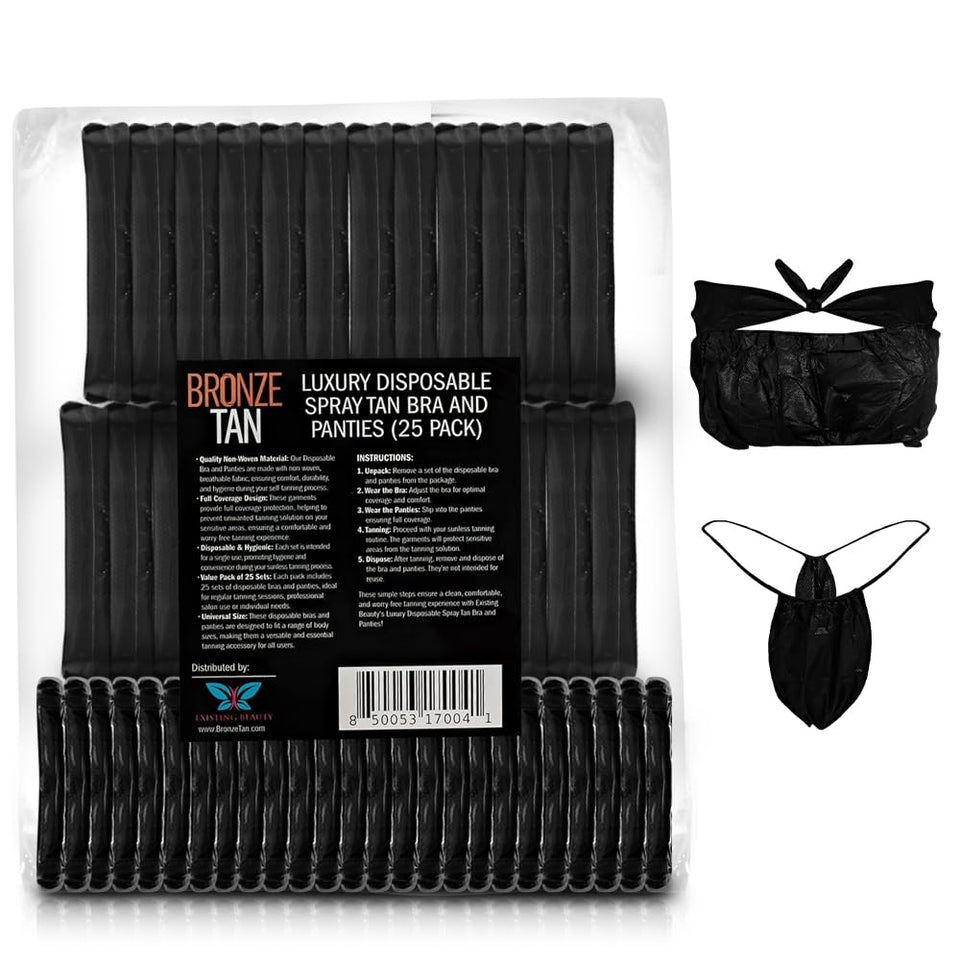 Existing Beauty front packaging showing 25-set bronze tan disposable undergarments and quick identification benefit