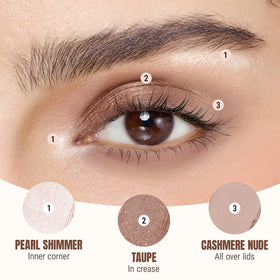 exmiloo swatches of cashmere nude pearl shimmer and taupe shimmer for shade comparison