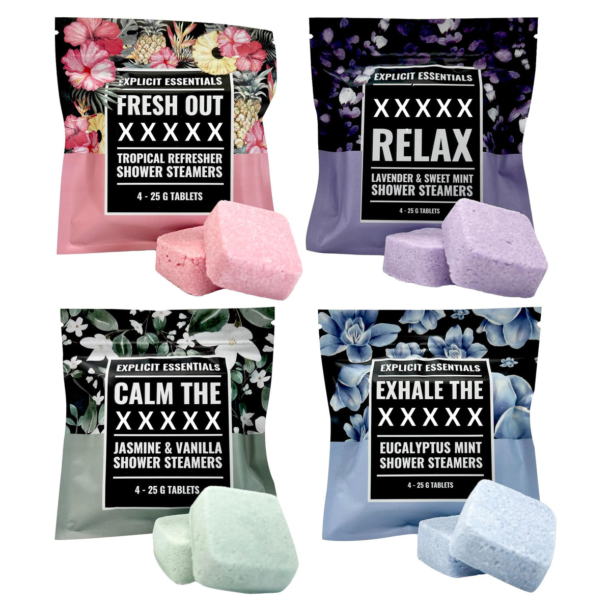 Explicit Essentials front packaging showing four scented shower steamers, great gift appeal