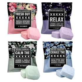 Explicit Essentials front packaging showing four scented shower steamers, great gift appeal