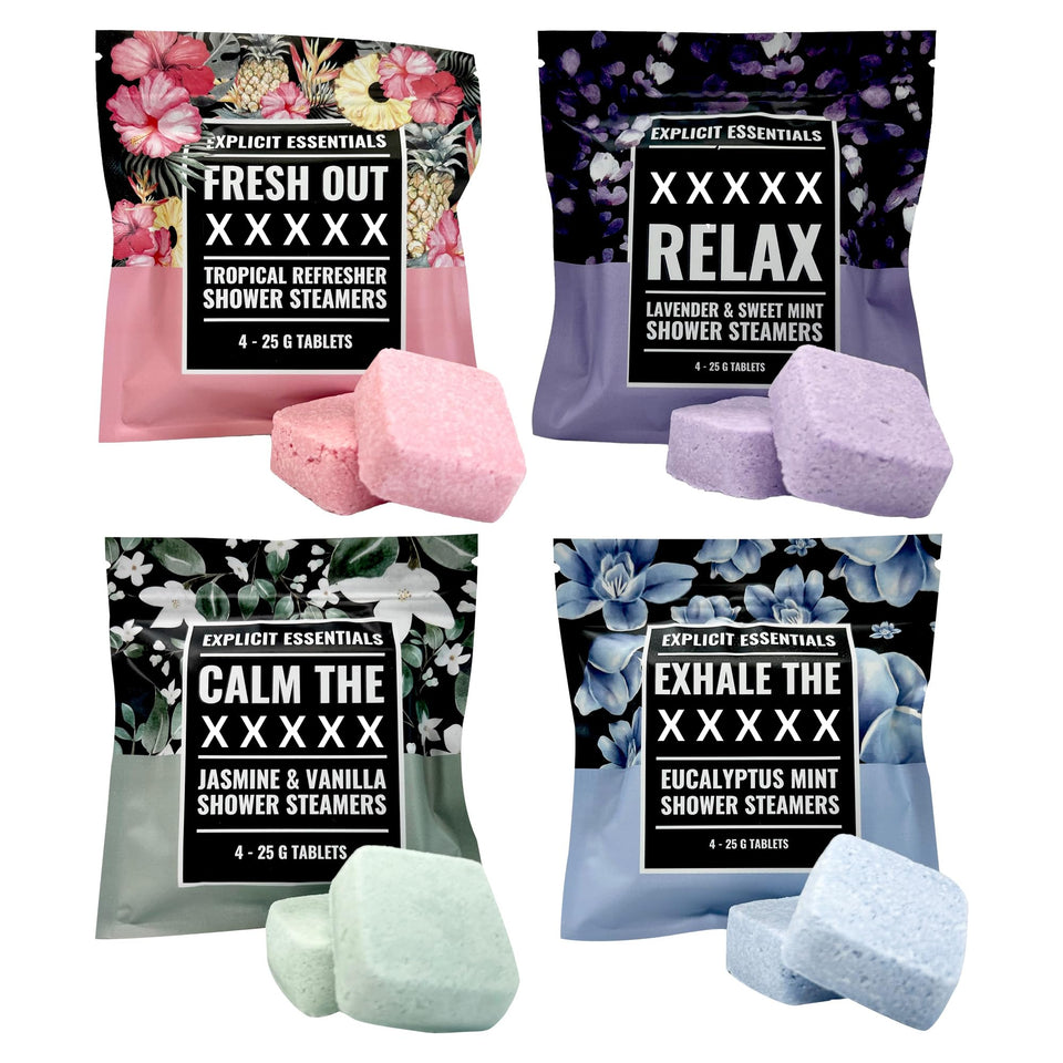 Explicit Essentials front packaging showing four scented shower steamers, great gift appeal