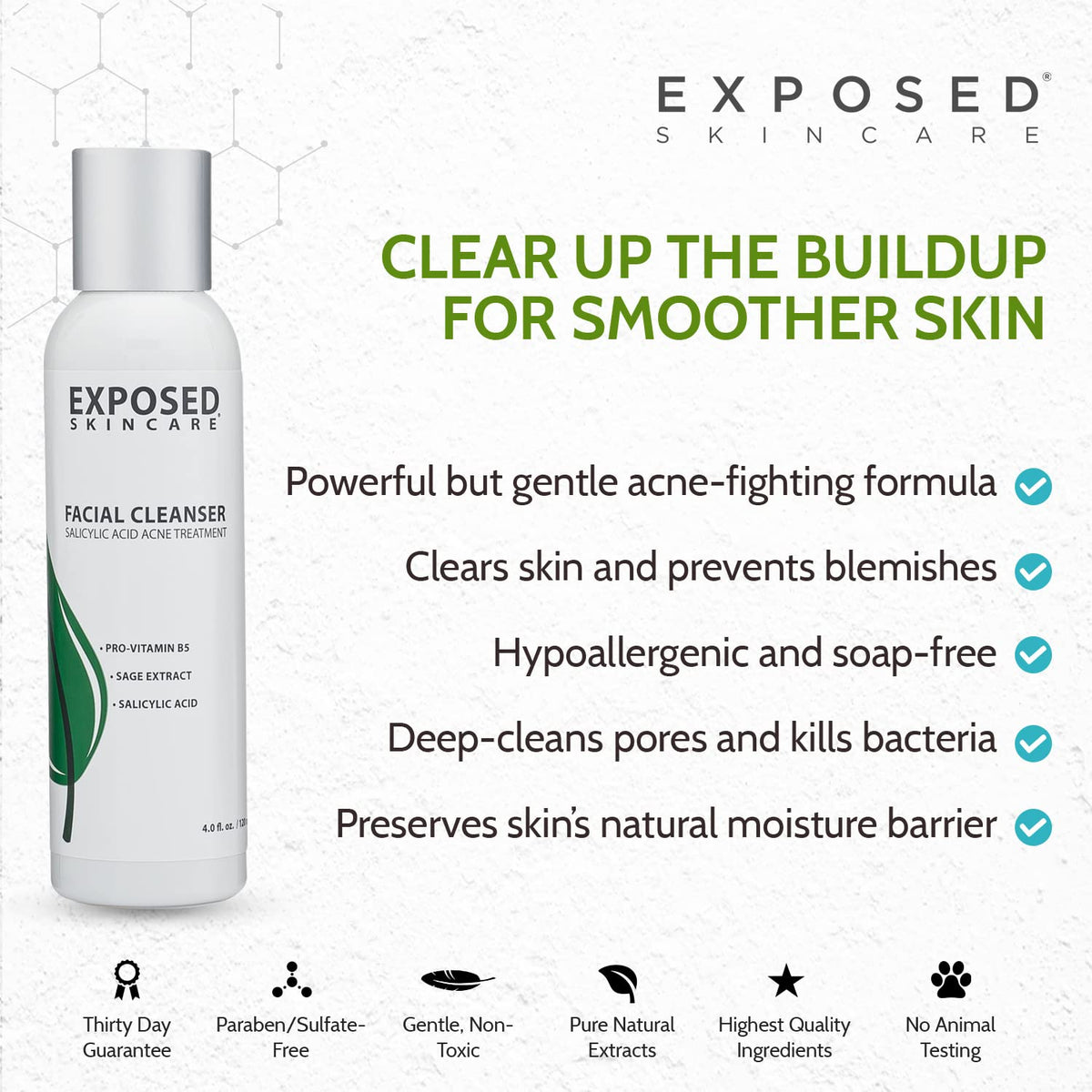 Exposed Skin Care label closeup highlighting soap-free and sulfate-free claim