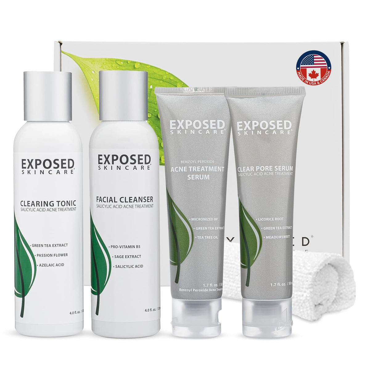 Exposed Skin Care front packaging showing the five-piece acne kit and benefits