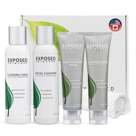 Exposed Skin Care front packaging showing the five-piece acne kit and benefits