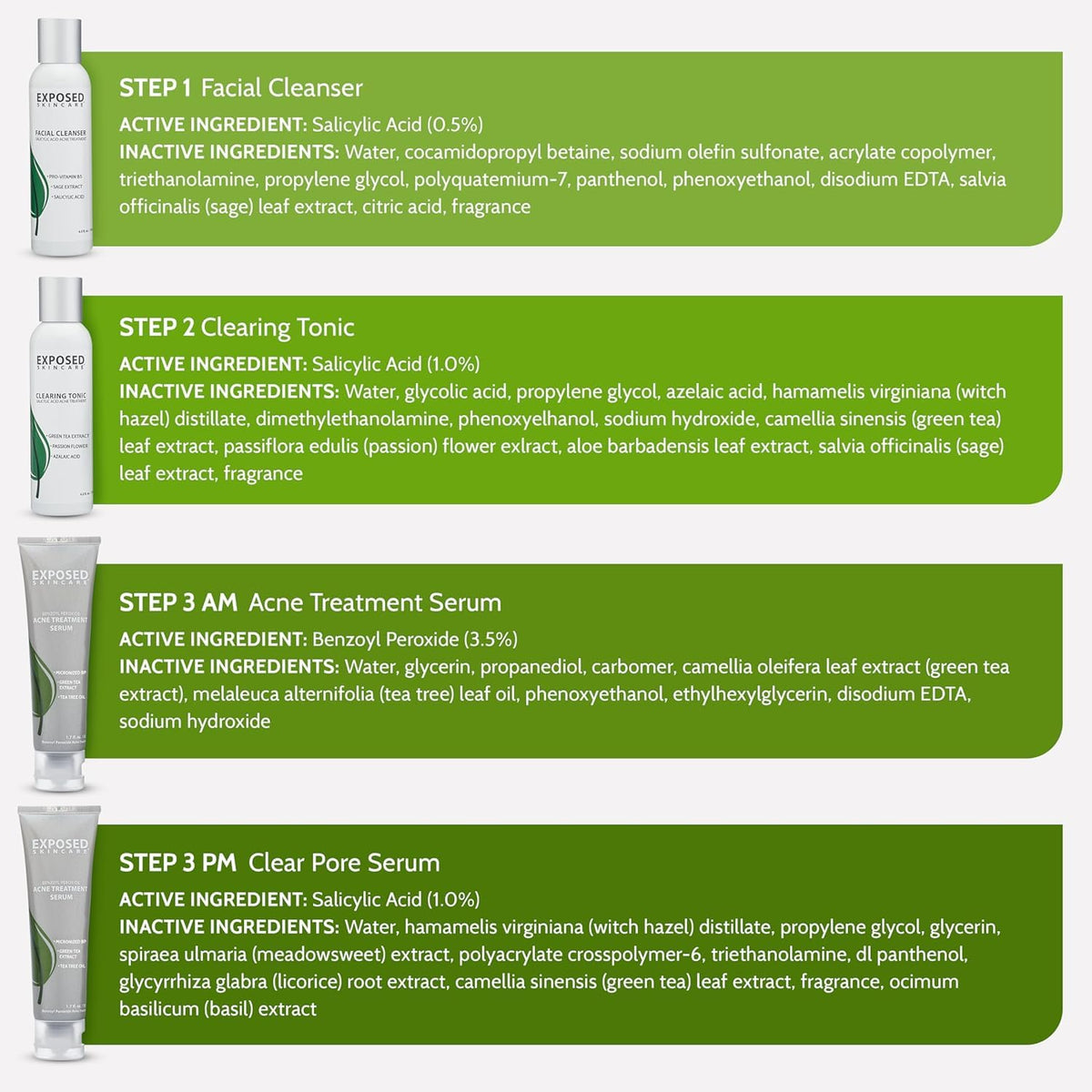 Exposed Skin Care labeled ingredients closeup highlighting natural, non-toxic formulation