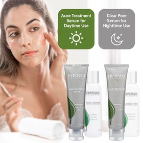 Exposed Skin Care scale with hand to show product size and two-month supply benefit