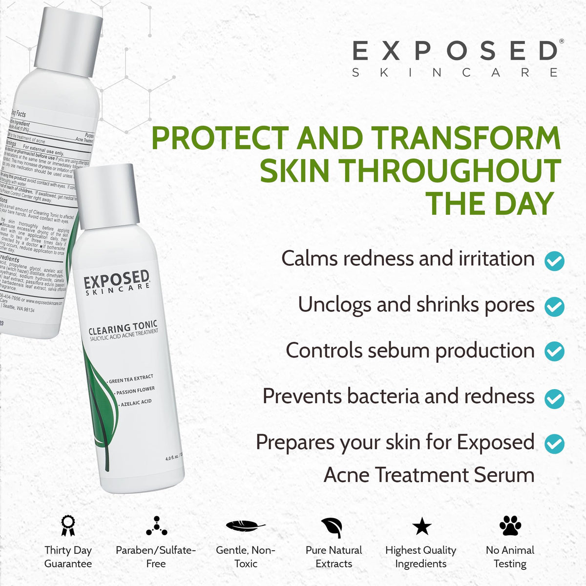 Exposed Skin Care liquid being applied to palm showing easy application and absorption