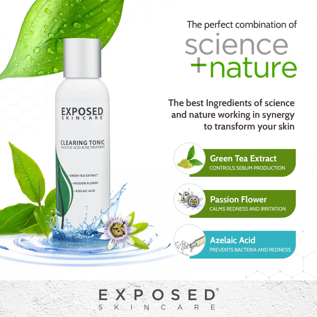 Exposed Skin Care bottle next to a coin illustrating actual product size and scale