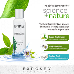 Exposed Skin Care bottle next to a coin illustrating actual product size and scale