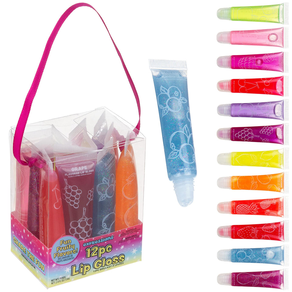 EXPRESSIONS front packaging showing twelve colorful glosses and ribbon handle for gifting
