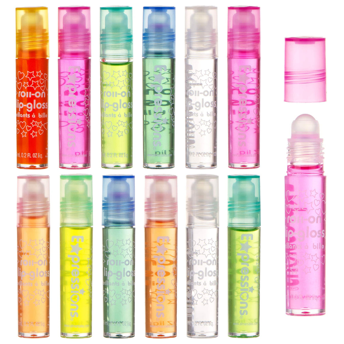 Expressions Girl open carrying case displaying all 12 roll-on glosses for portable play
