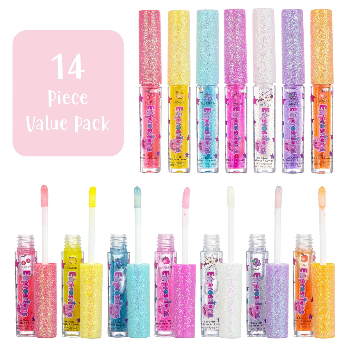 Expressions girl seven gloss wands arranged showing colorful fruit-inspired shades and shimmer