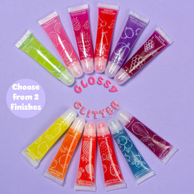 EXPRESSIONS open carrying case with all twelve fruit flavored glosses organized for travel