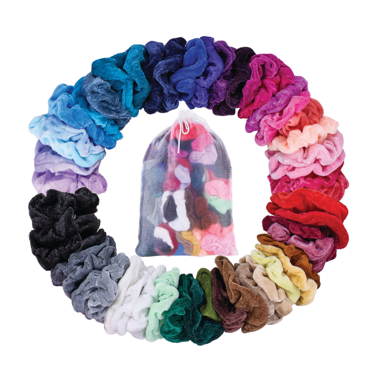 EXPRESSIONS front bundle showing colorful scrunchies and bag, easy outfit matching