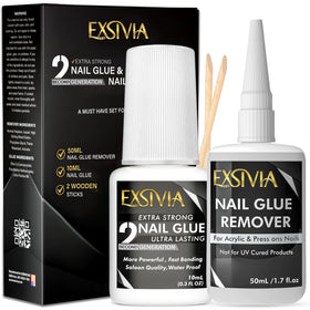 EXSIVIA front packaging showing glue and remover, promotes easy travel