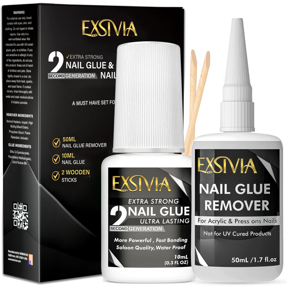 EXSIVIA front packaging showing glue and remover, promotes easy travel