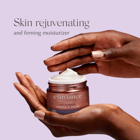 EXUVIANCE open jar with cream swipe illustrating touchable hydration and non-greasy feel
