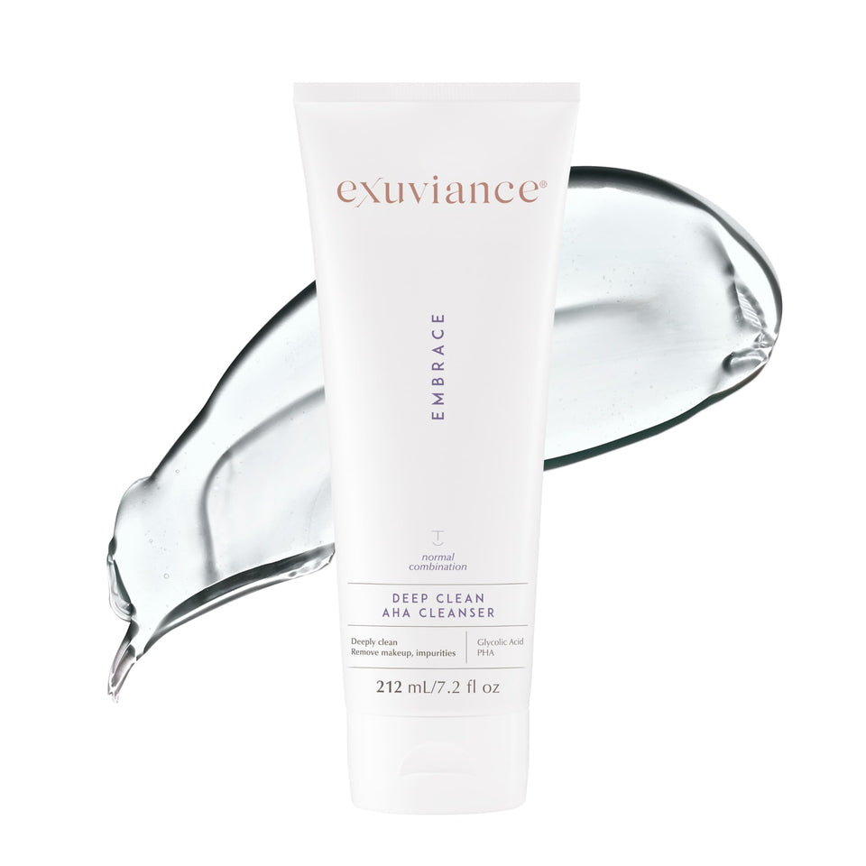 EXUVIANCE front packaging of foaming AHA cleanser showing full bottle and branding, conveys clarity