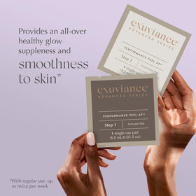 EXUVIANCE bottle with applicator towel demonstrating controlled at-home application