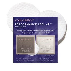 EXUVIANCE front packaging of Performance Peel AP25 showing starter kit benefits