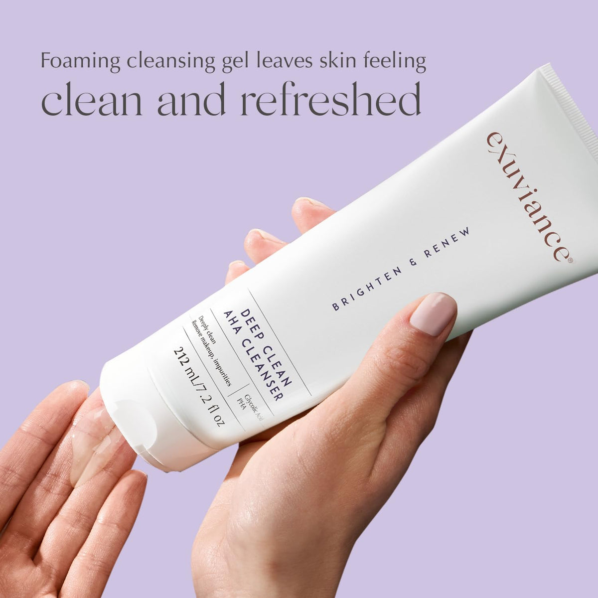 EXUVIANCE pump dispensing cleanser into palm, demonstrates easy controlled application