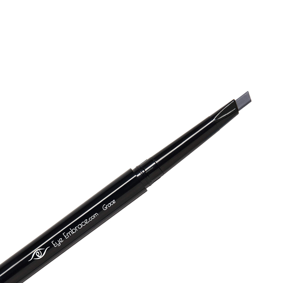 Eye Embrace Grace front packaging showing pencil and cap, highlights portability