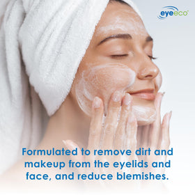 EYEECO foam being applied to closed eyelids for safe cleaning